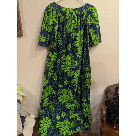 VINTAGE VIBRANT blue & green 1960s/70s handmade mumu house dress size approx L - Picture 2 of 7